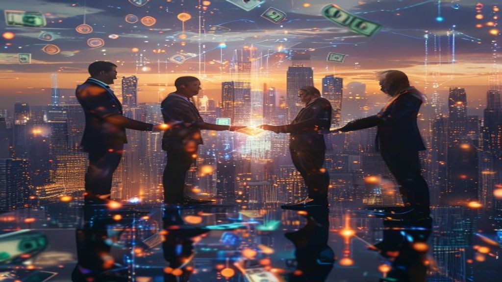 Corporate titans shaking hands over illuminated holographic AI neural networks, dollar bills morphing into digital code, cityscape skyline at golden hour reflecting power and innovation, cinematic, pr