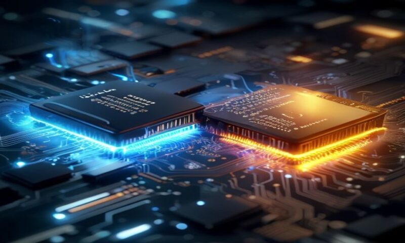 Two sleek server chips displayed side-by-side on a dark reflective surface, one glowing blue (training), one glowing amber (inference), surrounded by ethereal data streams and circuit patterns, repres