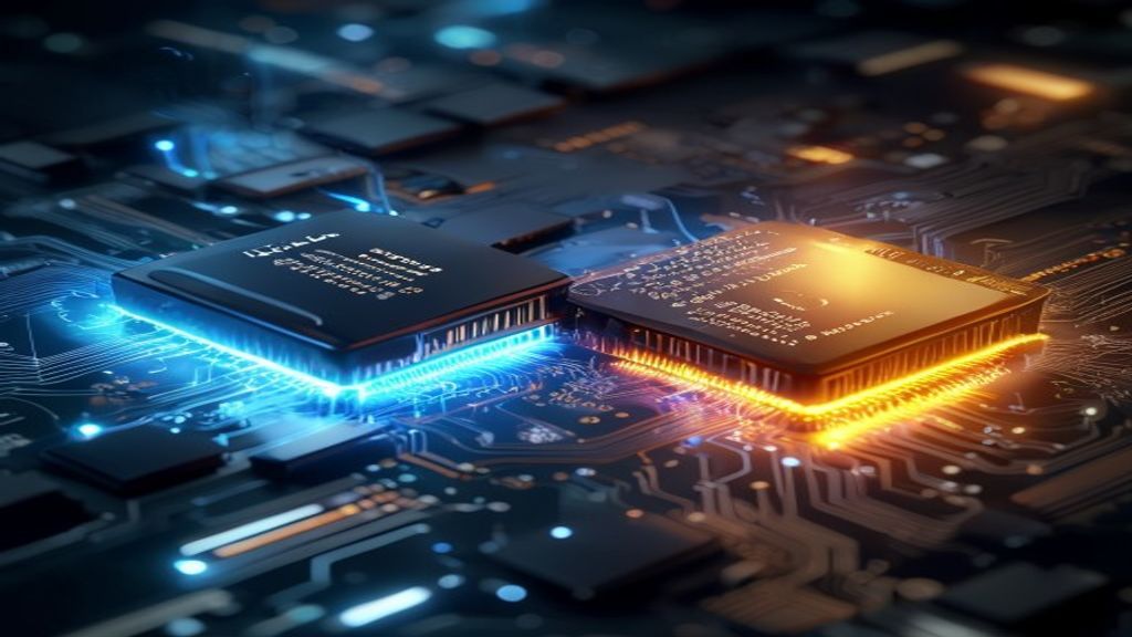 Two sleek server chips displayed side-by-side on a dark reflective surface, one glowing blue (training), one glowing amber (inference), surrounded by ethereal data streams and circuit patterns, repres