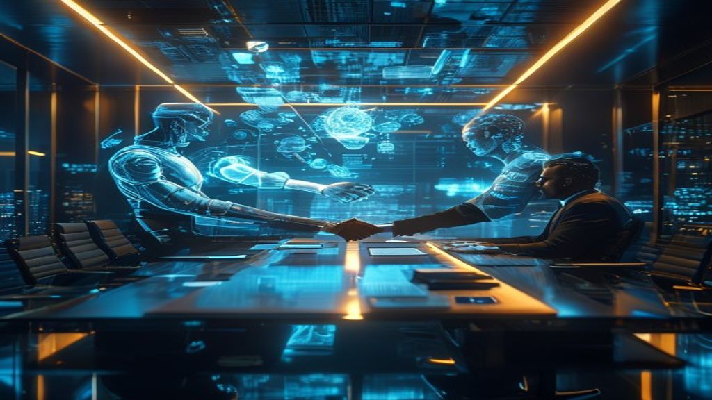 A sleek boardroom with two titans shaking hands over glowing contract documents, stacks of digital currency flowing between them, holographic AI neural networks floating above the table, moody blue an