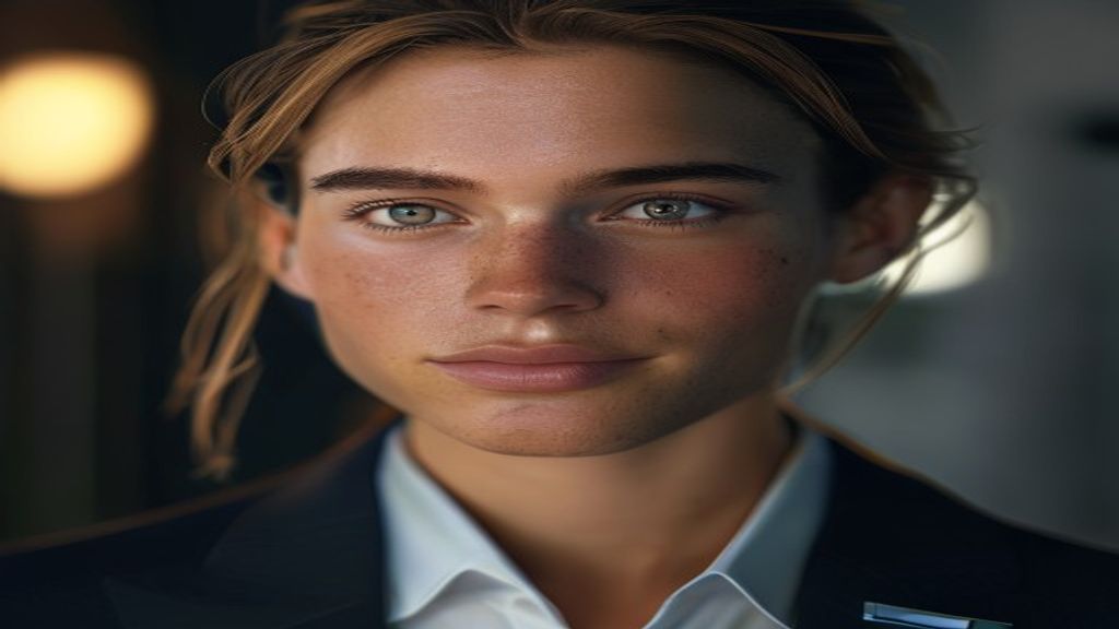 A photorealistic digital human avatar delivering a presentation with natural eye contact and subtle facial expressions, seamlessly blending human authenticity with AI precision, cinematic, professiona