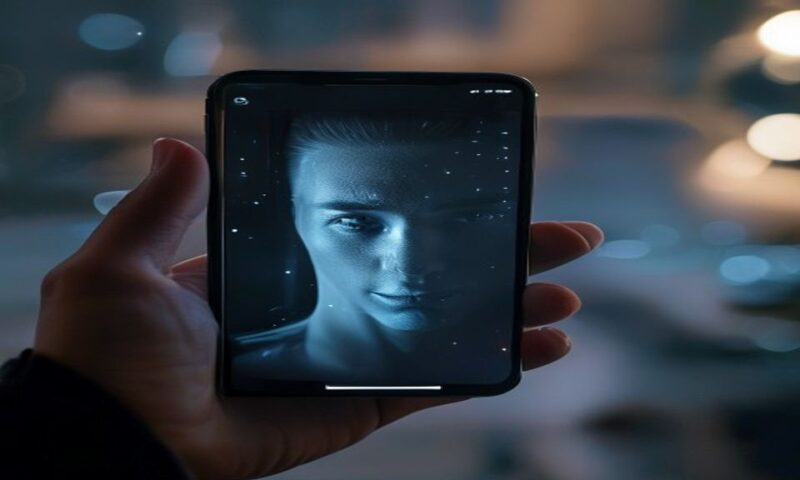 Smartphone screen glowing with a sleek avatar creation interface, hand holding phone steady, digital human face materializing from light, modern minimalist studio setting, soft professional lighting,