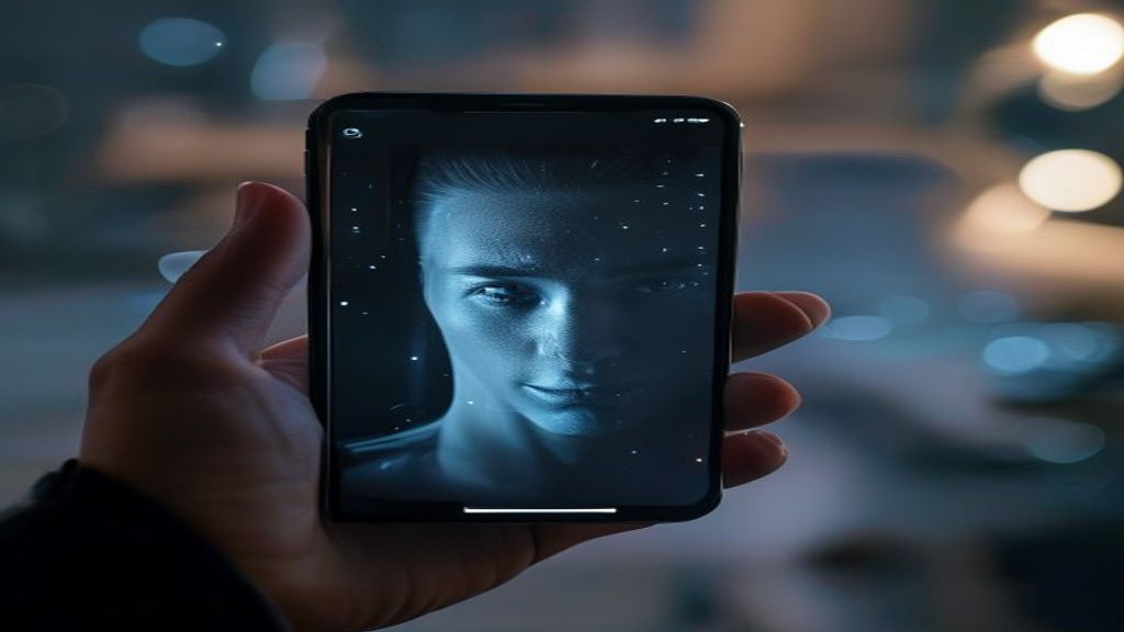 Smartphone screen glowing with a sleek avatar creation interface, hand holding phone steady, digital human face materializing from light, modern minimalist studio setting, soft professional lighting,