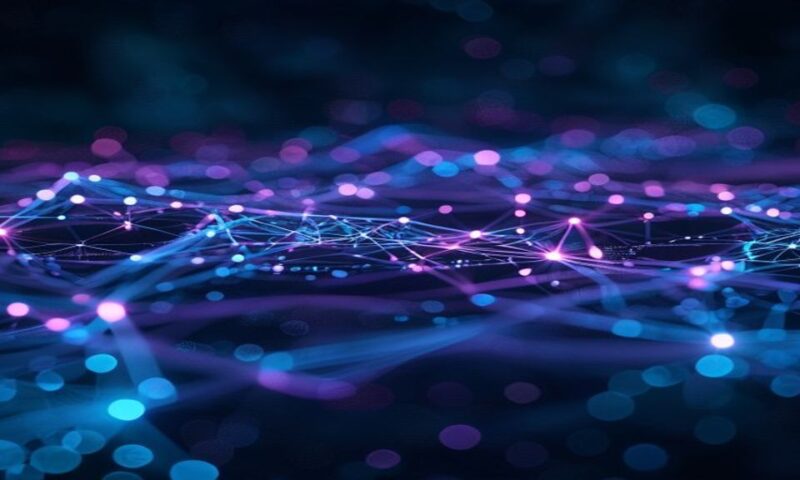 Interconnected digital nodes and glowing pathways flowing between them, representing automated workflow automation, with soft blue and purple lighting against a dark background, cinematic, professiona