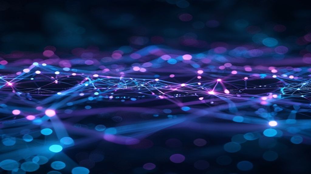 Interconnected digital nodes and glowing pathways flowing between them, representing automated workflow automation, with soft blue and purple lighting against a dark background, cinematic, professiona