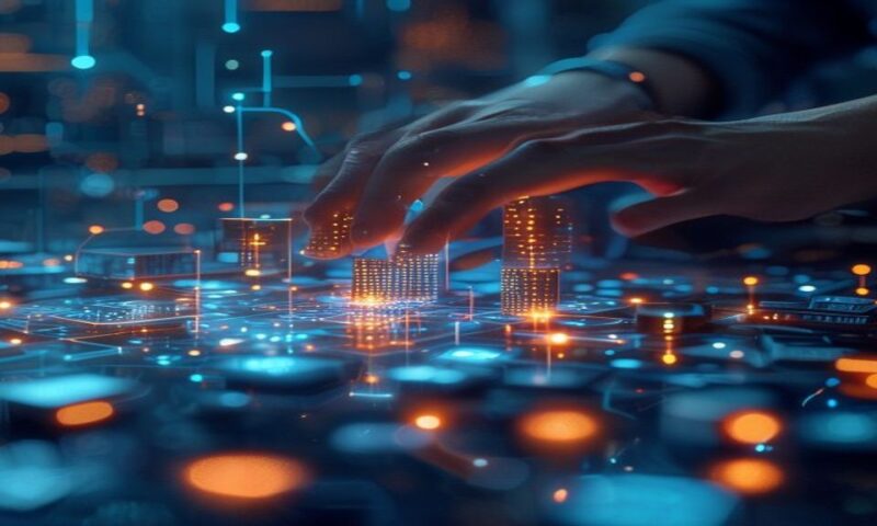 A person's hands assembling glowing digital blocks and interconnected nodes on a holographic interface, futuristic workspace with soft blue lighting, abstract AI architecture materializing in mid-air,