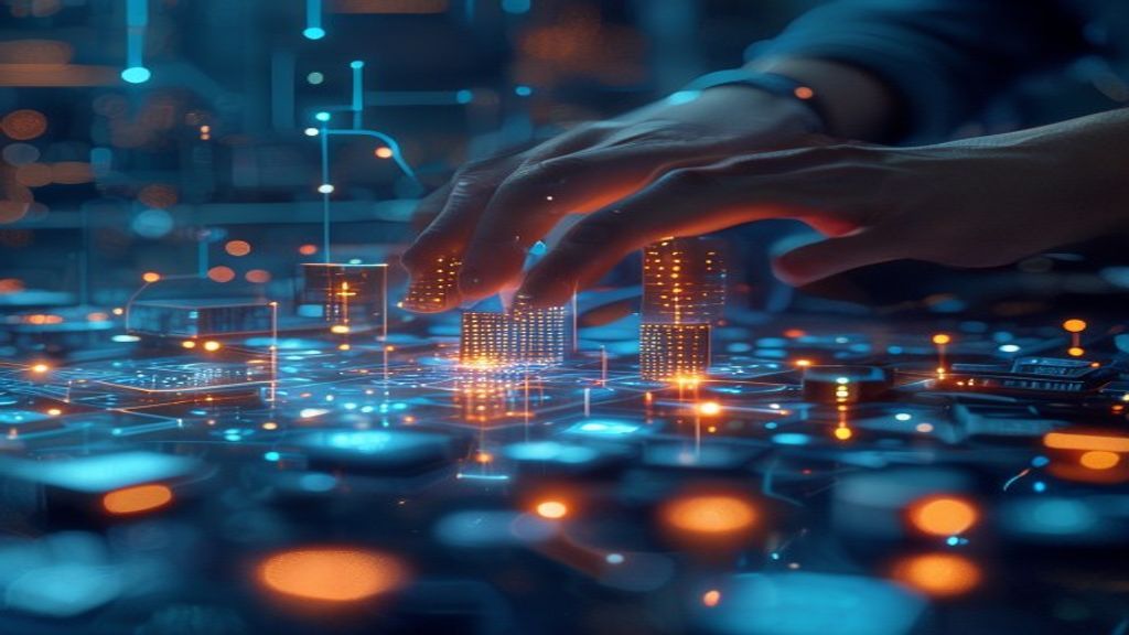 A person's hands assembling glowing digital blocks and interconnected nodes on a holographic interface, futuristic workspace with soft blue lighting, abstract AI architecture materializing in mid-air,