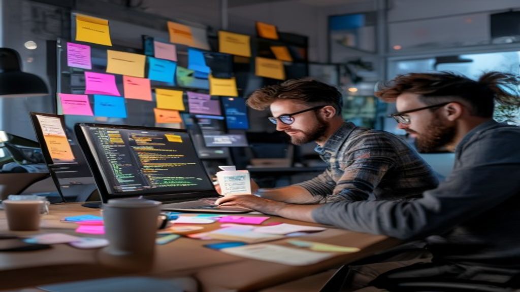 Developer rapidly prototyping three different web applications on laptop, glowing code editor screens, sticky notes with app ideas scattered around workspace, coffee cup, energetic focused expression,