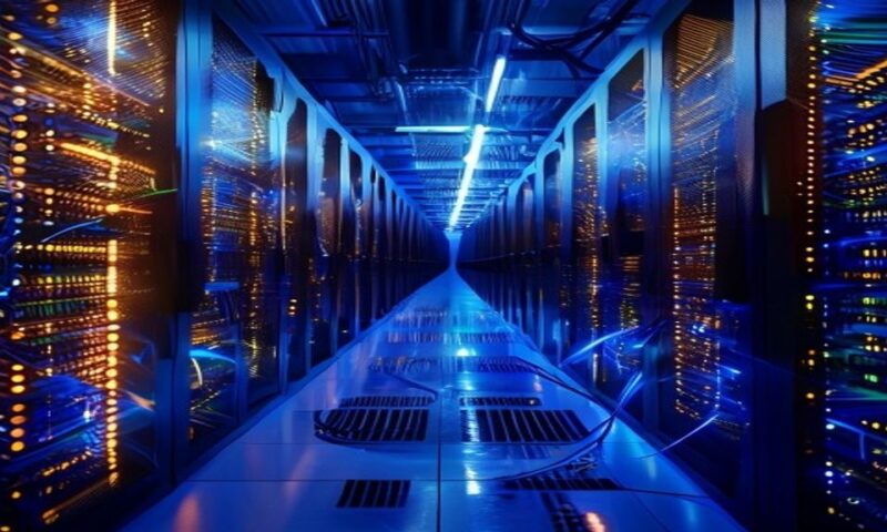 Massive data center with glowing server racks and fiber optic cables, towering computational infrastructure bathed in blue and amber light, representing AI investment scale and technological transform