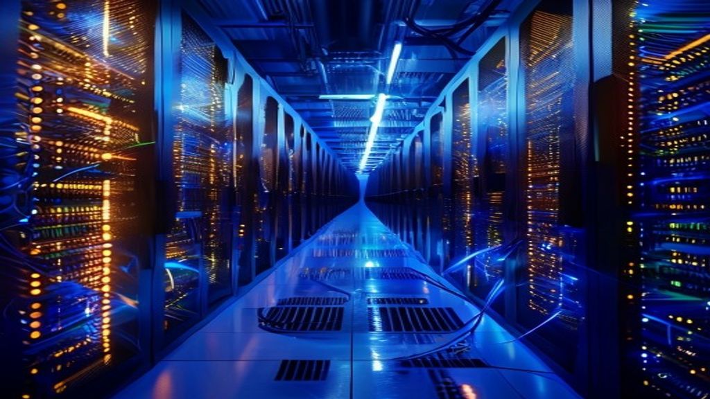 Massive data center with glowing server racks and fiber optic cables, towering computational infrastructure bathed in blue and amber light, representing AI investment scale and technological transform