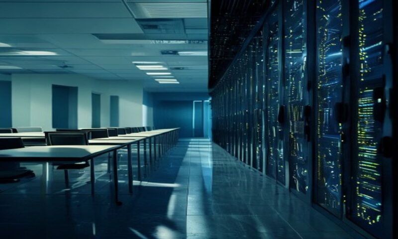 A stark split-screen: on the left, empty office desks casting long shadows; on the right, glowing server farms with intricate circuit patterns. Dramatic lighting emphasizes the contrast between human