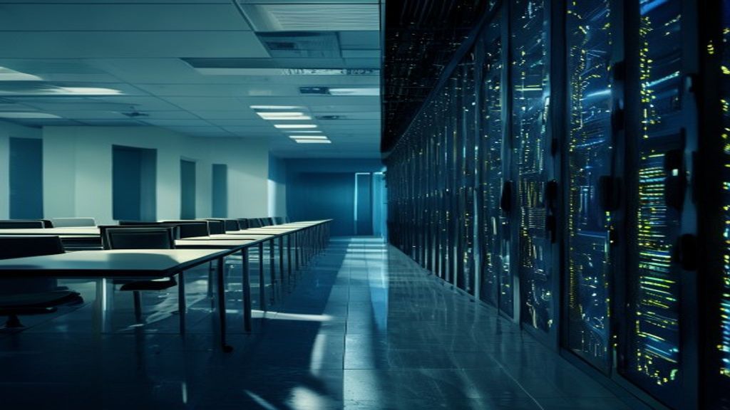 A stark split-screen: on the left, empty office desks casting long shadows; on the right, glowing server farms with intricate circuit patterns. Dramatic lighting emphasizes the contrast between human