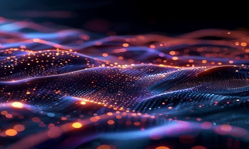 Futuristic AI interface with glowing neural networks, multimodal data streams (voice waves, image pixels, text) flowing together, abstract thoughtful visualization, Meta brand elements subtly integrat