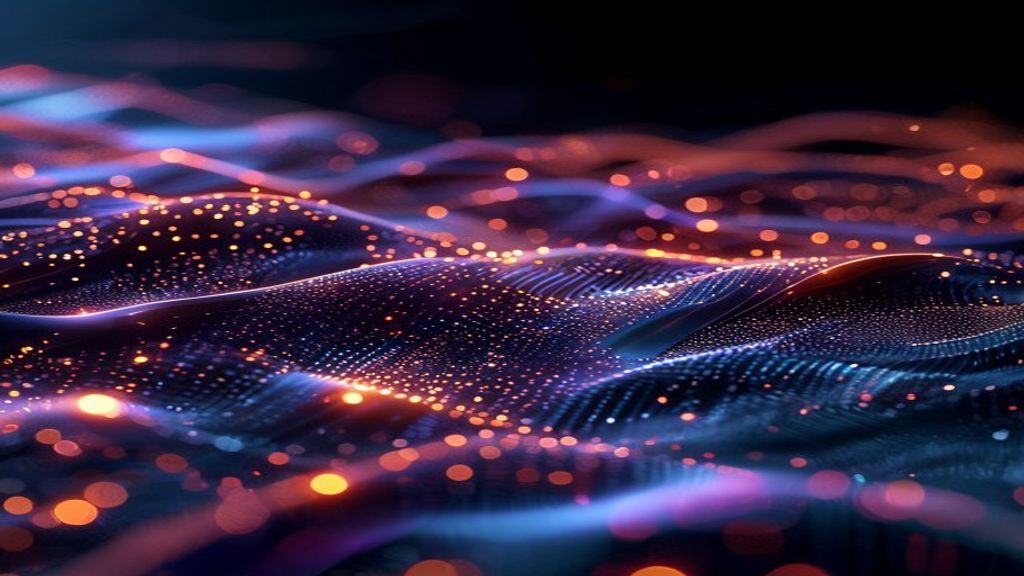 Futuristic AI interface with glowing neural networks, multimodal data streams (voice waves, image pixels, text) flowing together, abstract thoughtful visualization, Meta brand elements subtly integrat