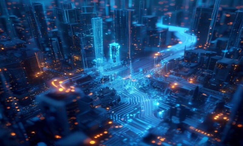 Secure digital fortress with glowing blue security nodes and interconnected pathways, AI agent represented as flowing data streams protected by shield barriers, abstract tech visualization, cinematic,