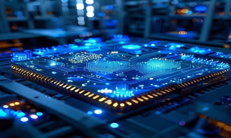 Advanced semiconductor wafer manufacturing facility with glowing blue circuits, six interconnected chip modules illuminated in a clean room environment, data streams flowing between components, repres