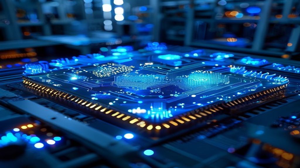Advanced semiconductor wafer manufacturing facility with glowing blue circuits, six interconnected chip modules illuminated in a clean room environment, data streams flowing between components, repres