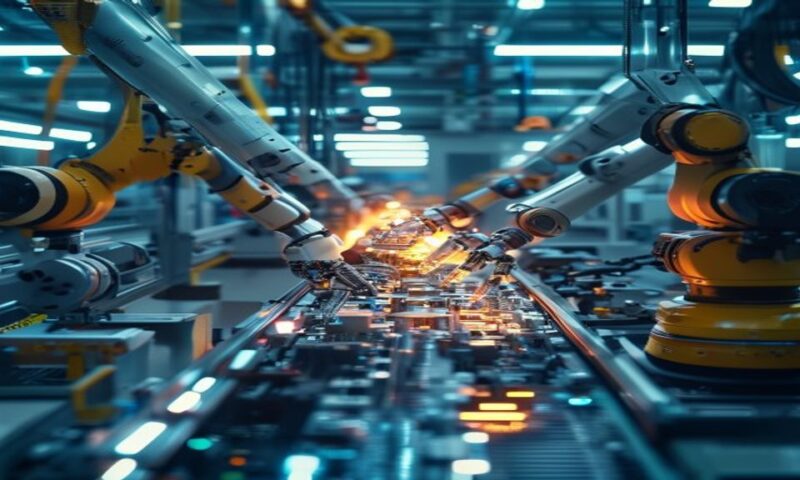 Robotic arms autonomously assembling components on a factory floor, precision machinery in motion, industrial workspace with LED diagnostics glowing, real manufacturing environment, cinematic, profess
