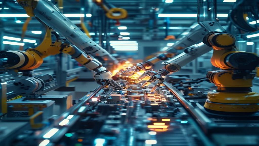 Robotic arms autonomously assembling components on a factory floor, precision machinery in motion, industrial workspace with LED diagnostics glowing, real manufacturing environment, cinematic, profess