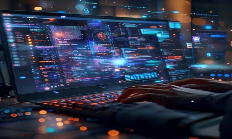 A developer's Mac screen glowing with AI-powered code and interface controls, hands hovering over keyboard, digital streams of data flowing across workspace, multiple plugin icons floating in ethereal