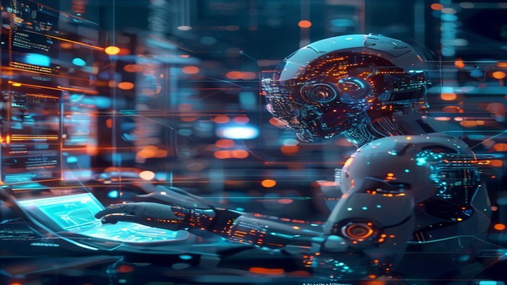 An AI agent autonomously navigating a complex digital ecosystem, manipulating interconnected tools and data streams, making independent decisions across multiple platforms simultaneously. cinematic, p