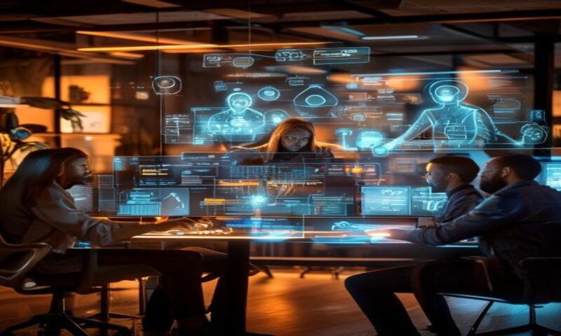 A diverse team collaborating around a glowing digital workspace interface, AI-powered automation flows connecting multiple task streams, holographic data visualization, modern office setting with warm