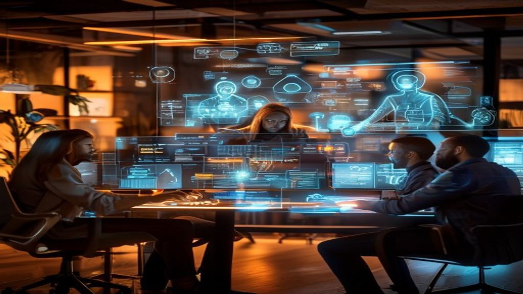 A diverse team collaborating around a glowing digital workspace interface, AI-powered automation flows connecting multiple task streams, holographic data visualization, modern office setting with warm