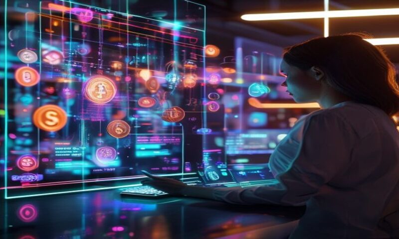 Digital marketplace interface projected on a glowing AI assistant screen, coins and click symbols floating in neon light, abstract data streams flowing across a modern minimalist workspace, cinematic,