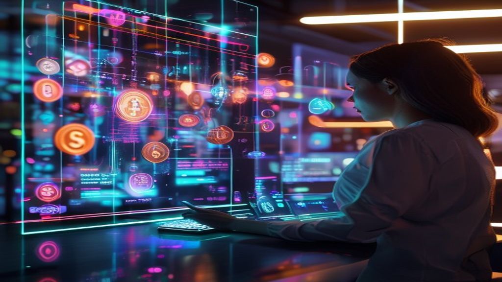 Digital marketplace interface projected on a glowing AI assistant screen, coins and click symbols floating in neon light, abstract data streams flowing across a modern minimalist workspace, cinematic,