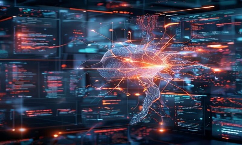 AI agent completing complex workflow autonomously: multiple screens, data flows, and task chains materializing around a glowing neural network core, abstract digital environment, cinematic, profession