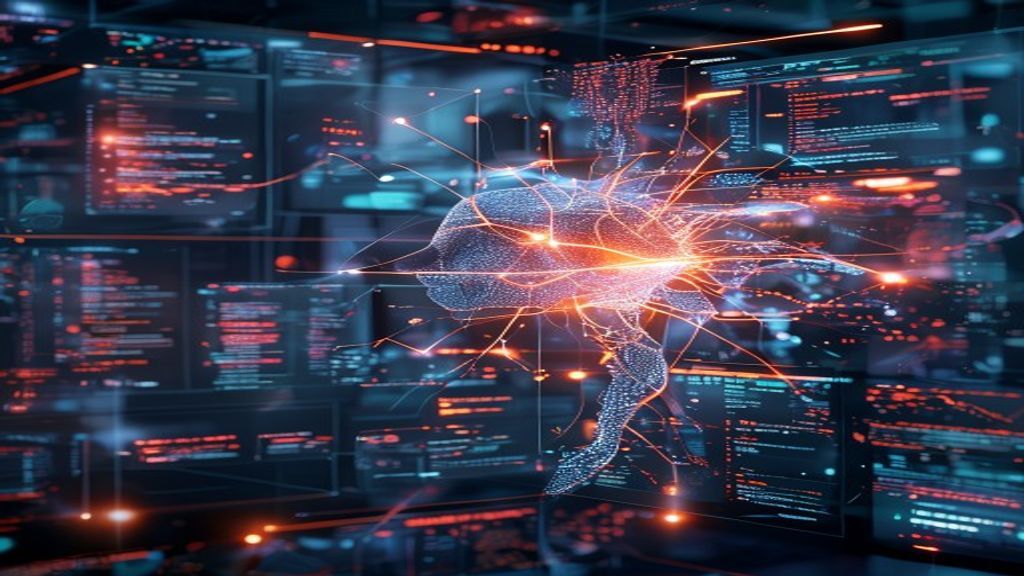 AI agent completing complex workflow autonomously: multiple screens, data flows, and task chains materializing around a glowing neural network core, abstract digital environment, cinematic, profession