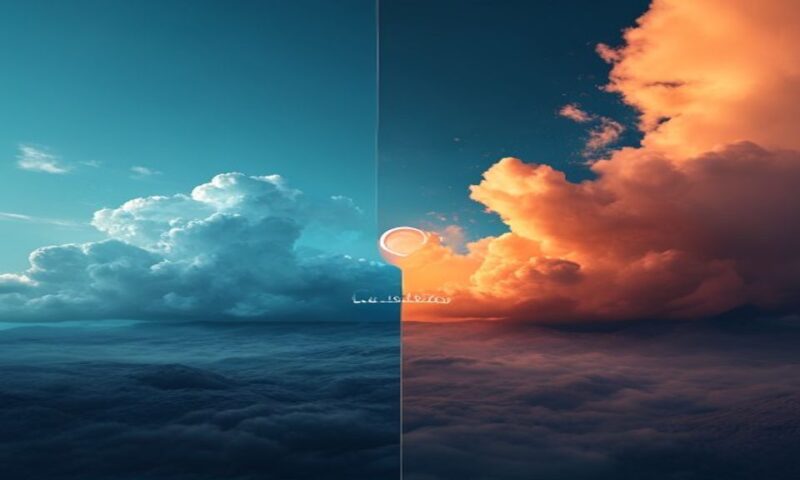 A dramatic split in a cloud landscape: one side bathed in Azure blue fading away, the other side illuminated by AWS orange, with OpenAI's logo floating between them breaking free. Cinematic, professio