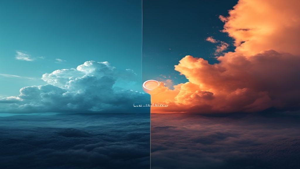 A dramatic split in a cloud landscape: one side bathed in Azure blue fading away, the other side illuminated by AWS orange, with OpenAI's logo floating between them breaking free. Cinematic, professio