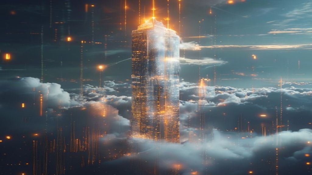 A gleaming glass tower rising into clouds, representing trillion-dollar valuation, surrounded by glowing data streams and financial charts, with subtle light rays symbolizing unprecedented investment