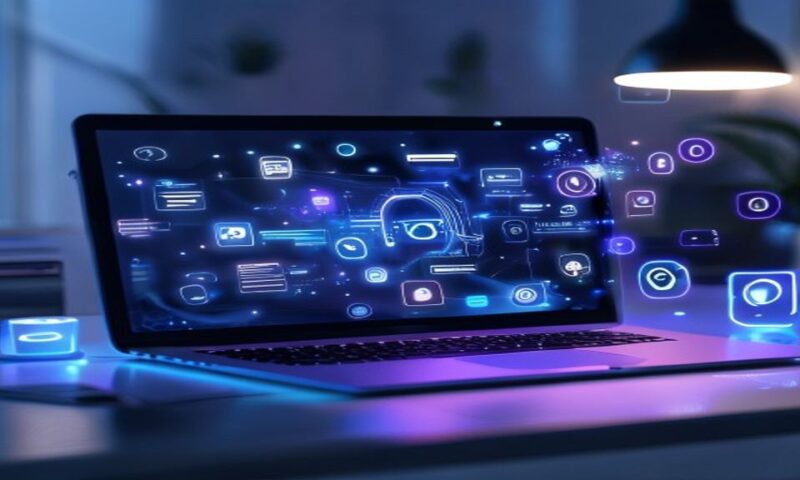A sleek MacBook displaying a modern browser interface with glowing AI elements, surrounded by floating digital icons representing search, tabs, and workflow automation, set against a minimalist desk w