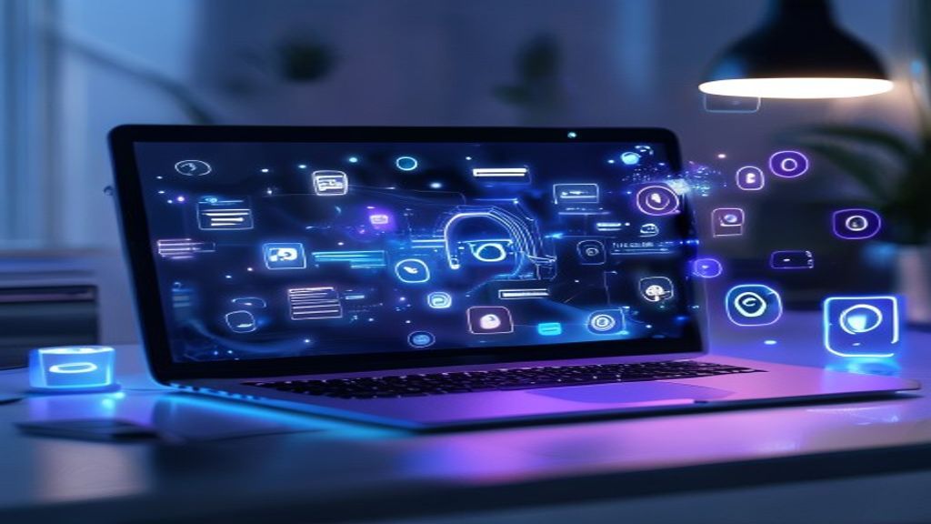 A sleek MacBook displaying a modern browser interface with glowing AI elements, surrounded by floating digital icons representing search, tabs, and workflow automation, set against a minimalist desk w