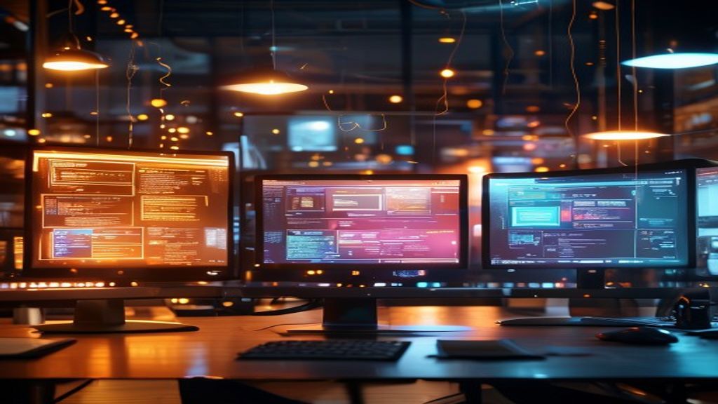 Three glowing computer screens displaying different search interfaces side-by-side, surrounded by floating data streams and research documents, modern workspace with warm lighting, cinematic, professi