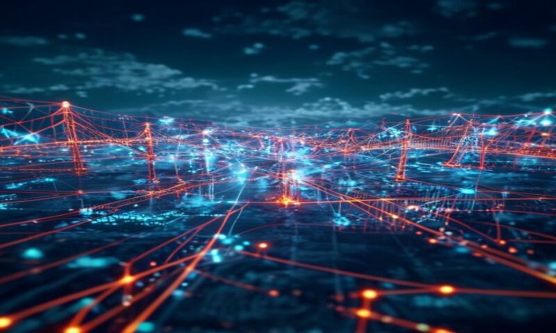 Two AI systems seamlessly connecting and exchanging data across cloud platforms, symbolized by glowing digital bridges, neural networks, and interconnected nodes flowing between distinct technology ec