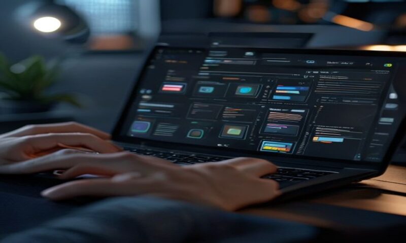 A developer's laptop screen glowing with a clean, modern no-code interface displaying app blocks and UI components, hands typing, surrounded by soft studio lighting and subtle tech elements, cinematic