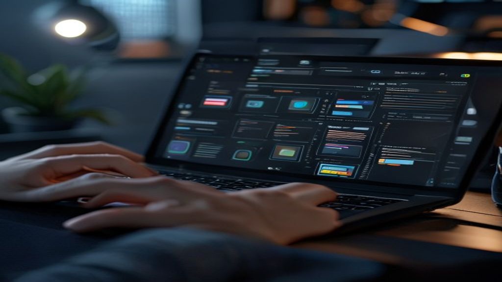 A developer's laptop screen glowing with a clean, modern no-code interface displaying app blocks and UI components, hands typing, surrounded by soft studio lighting and subtle tech elements, cinematic