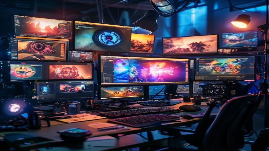 A filmmaker's workspace with multiple monitor screens displaying vibrant AI-generated video clips, film reels, and creative tools, surrounded by lighting equipment and production notes, cinematic, pro