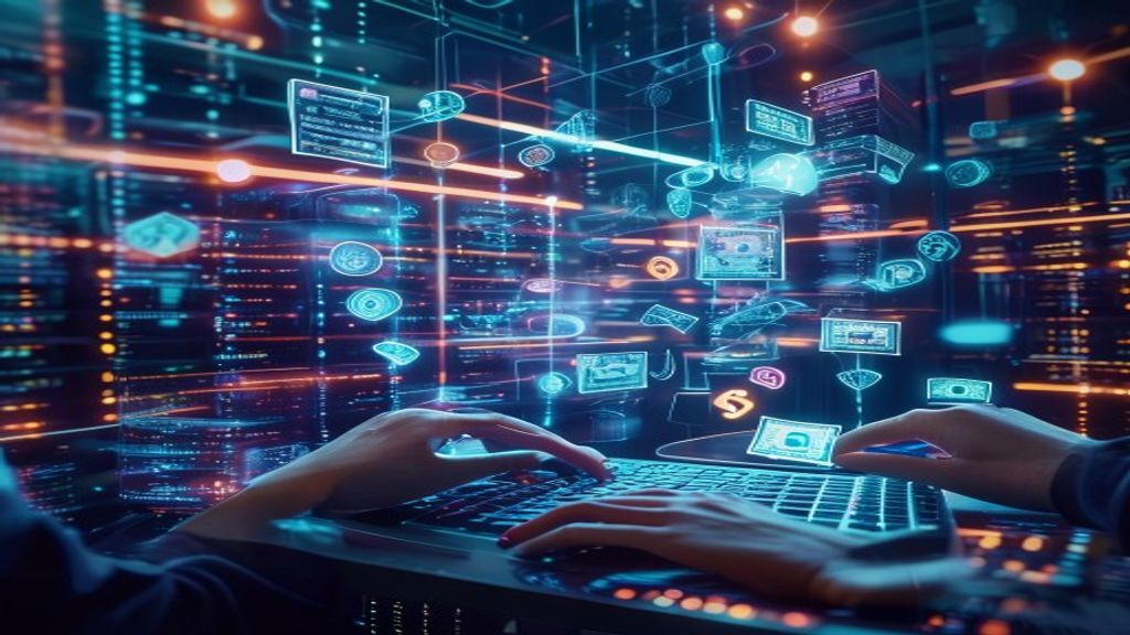 Futuristic tech workspace with holographic code streams flowing across glass surfaces, glowing neon network nodes, stacked server towers with pulsing lights, hands typing on illuminated keyboard, abst