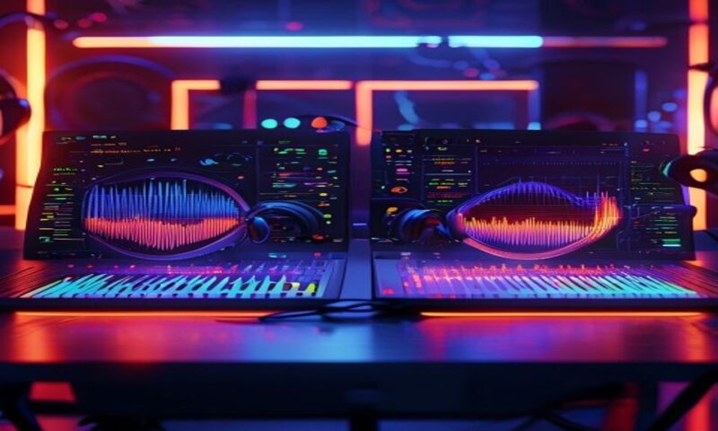 Two futuristic music production interfaces glowing with waveforms and sound visualizers, facing off across a modern studio desk with headphones and LED lighting, abstract musical energy between them,