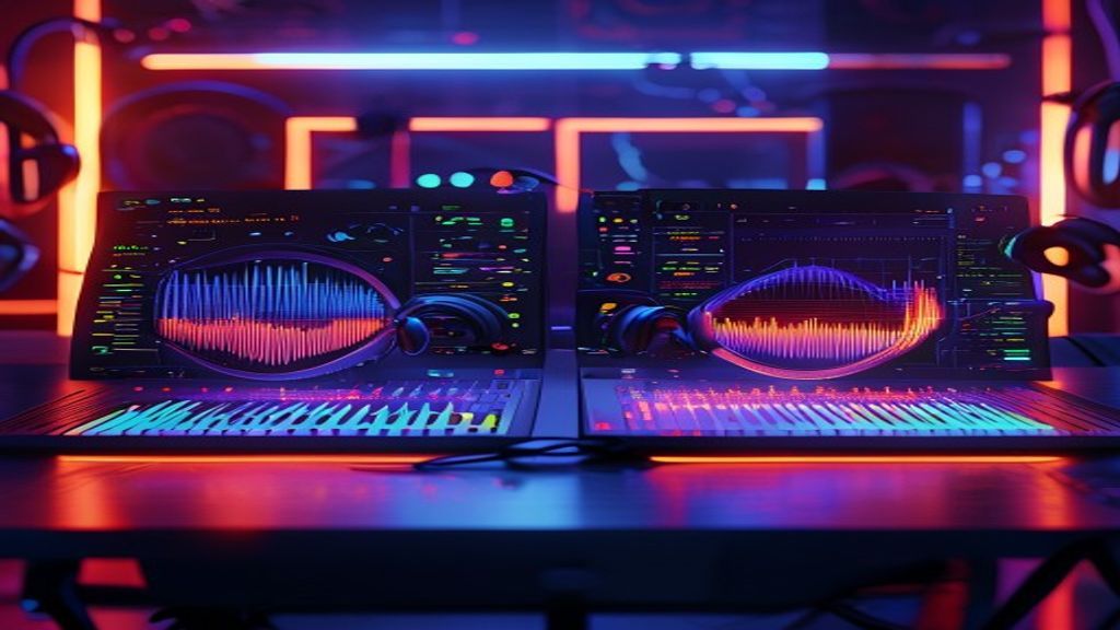 Two futuristic music production interfaces glowing with waveforms and sound visualizers, facing off across a modern studio desk with headphones and LED lighting, abstract musical energy between them,