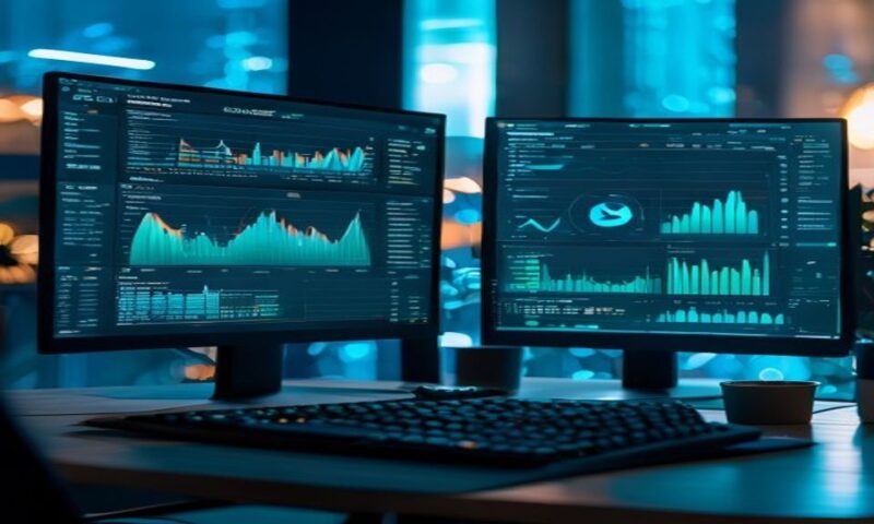 Two competitive SEO dashboards side-by-side on dual monitors, glowing charts and ranking data visualized, professional workspace with keyboard and coffee, cool blue and green accent lighting, cinemati