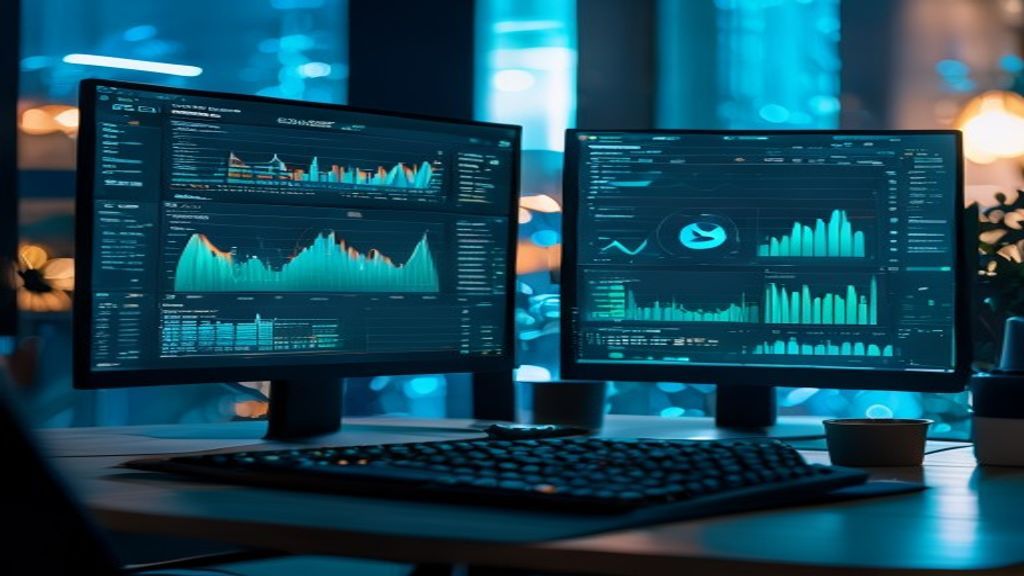 Two competitive SEO dashboards side-by-side on dual monitors, glowing charts and ranking data visualized, professional workspace with keyboard and coffee, cool blue and green accent lighting, cinemati