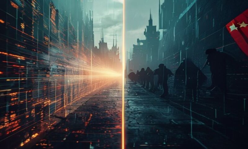 A split-screen composition showing a digital fortress on one side with glowing security barriers and encrypted data streams, contrasting with shadowy figures attempting extraction on the other, Americ