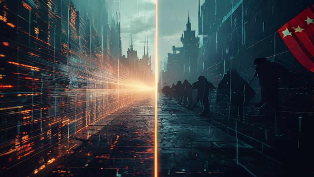 A split-screen composition showing a digital fortress on one side with glowing security barriers and encrypted data streams, contrasting with shadowy figures attempting extraction on the other, Americ