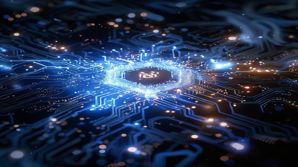 A glowing neural network circuit board gradually dimming from blazing white to soft blue, surrounded by swirling energy particles dissipating into darkness, symbolizing radical efficiency gains, cinem