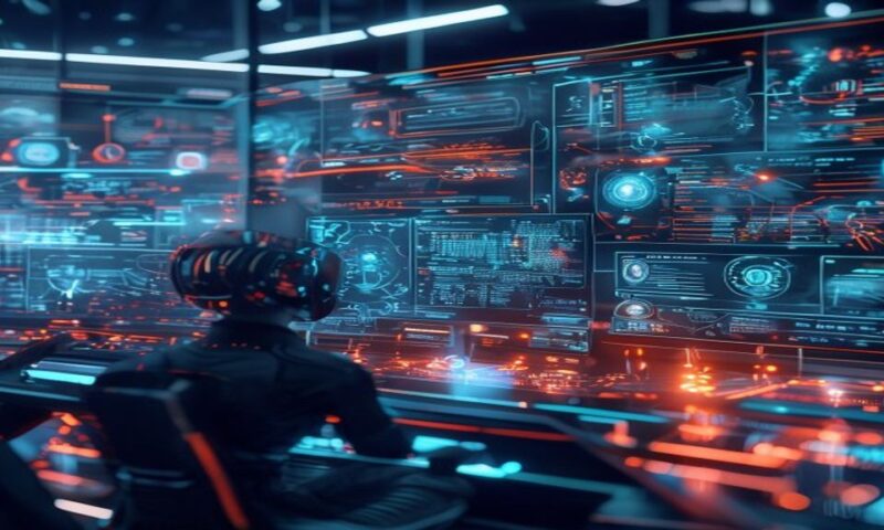Autonomous AI agents working seamlessly across digital workflows, holographic data streams flowing between interconnected systems, glowing nodes processing information in real-time, futuristic dashboa